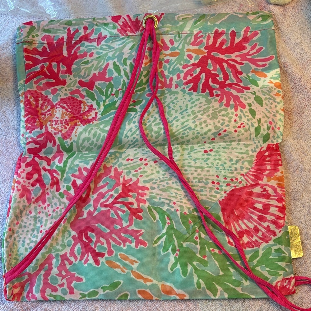 Lilly Pulitzer Pink and Green Floral Fabric Drawstring Backpack